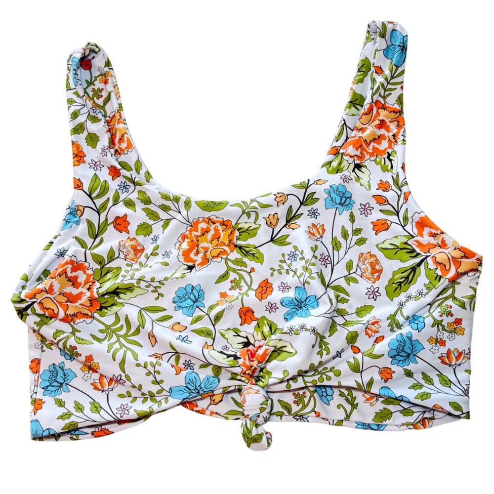 Zaful Floral Bikini Top XXL White Orange Blue Front Tie Knot Scoop Neck Swim